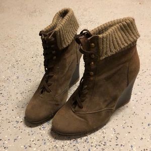 Brown lace-up combat wedge booties, sweater trim